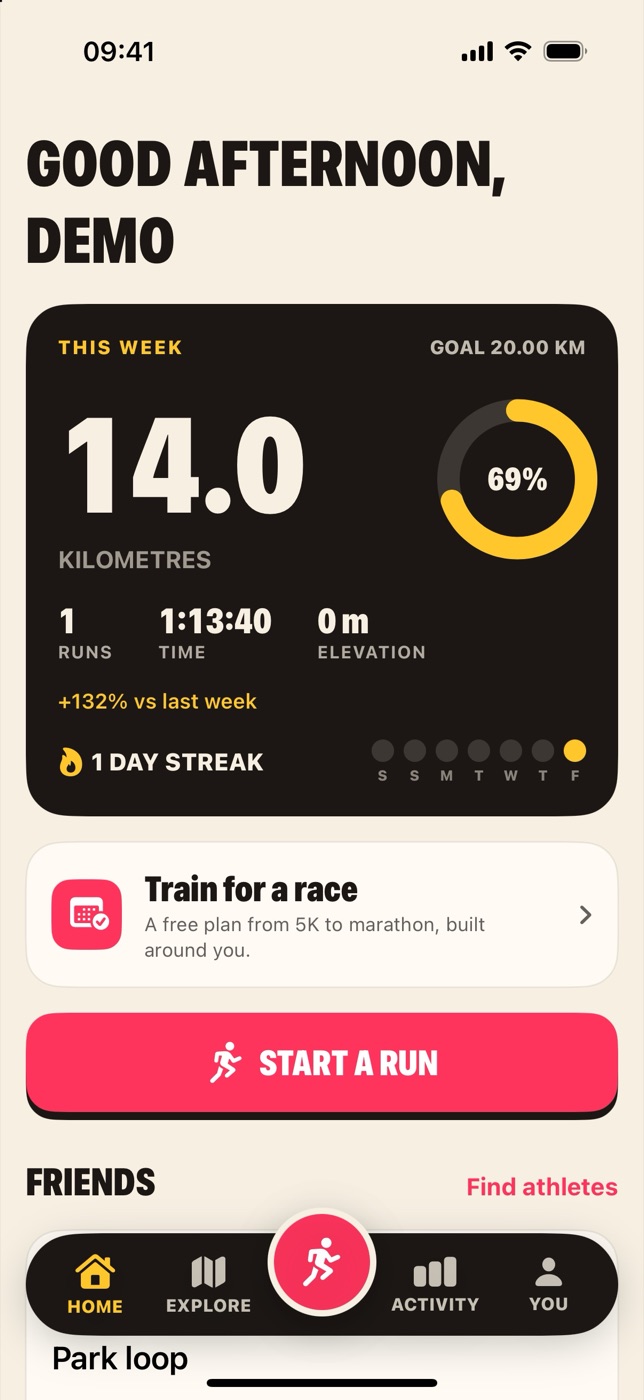 Stride home screen showing a 14 kilometre training week and one-day streak