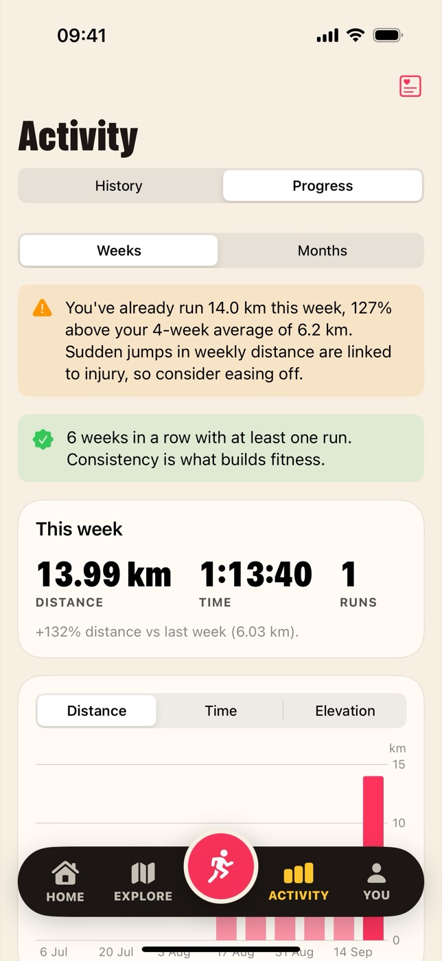 Stride training insights and weekly progress screen